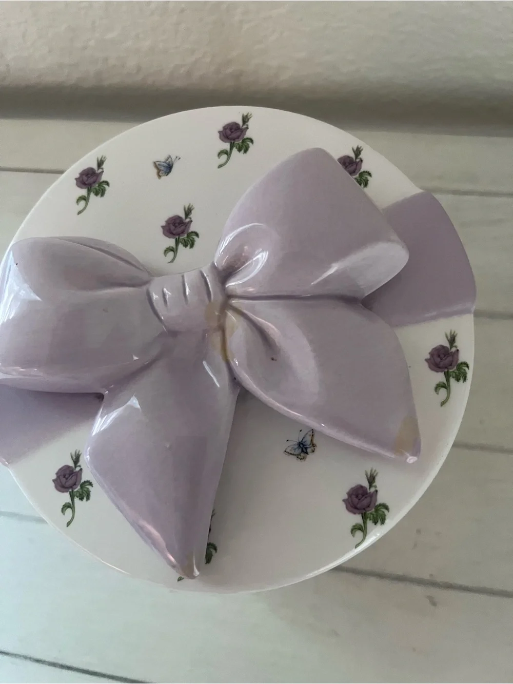 Vintage Teleflora Ceramic Bow Floral Trinket Jewlery Box Decor